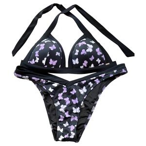 Pink Victoria's Secret Halter Bikini Set Butterfly Black Purple Size XL
